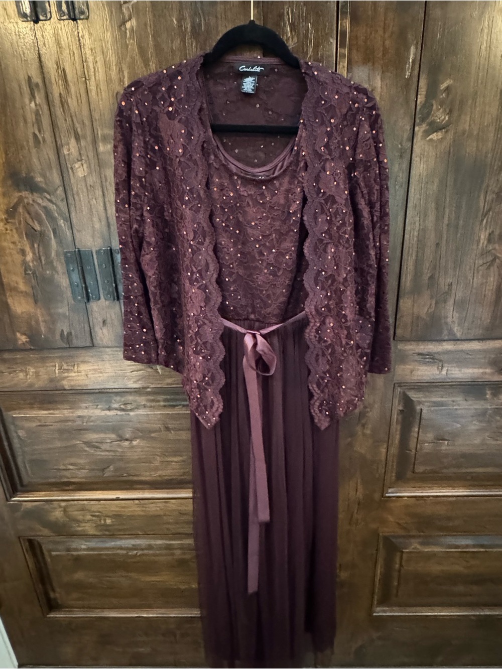 Candalite Burgundy Lace and Sequin Long-Sleeve (removable jacket) Evening Dress